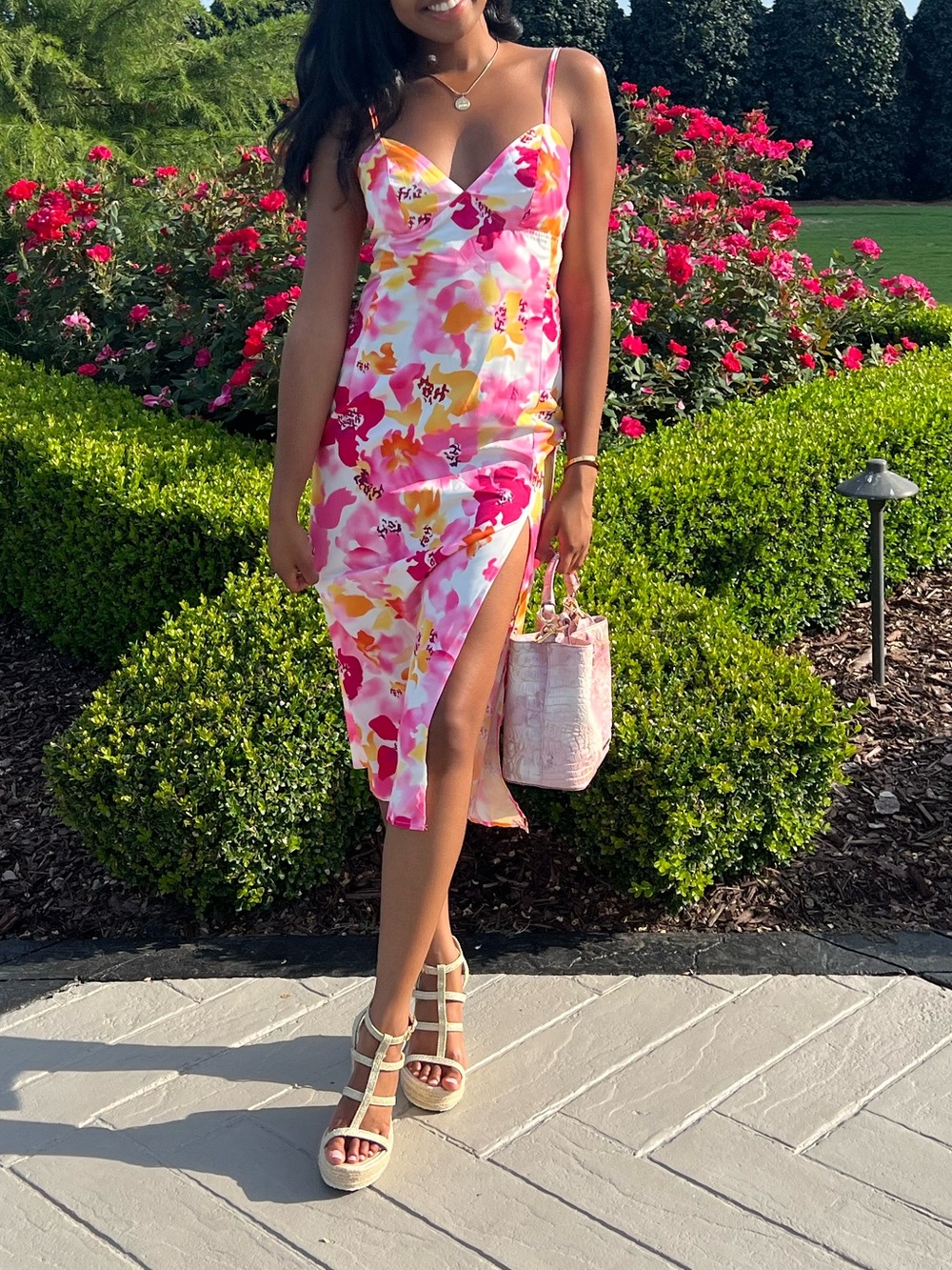 SHEIN Pink, Yellow & White Floral Midi Slip Dress